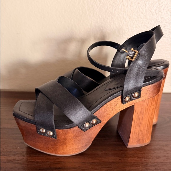 Schutz Black Leather Cross-Strap Wooden Platform Sandals - Picture 4 of 6